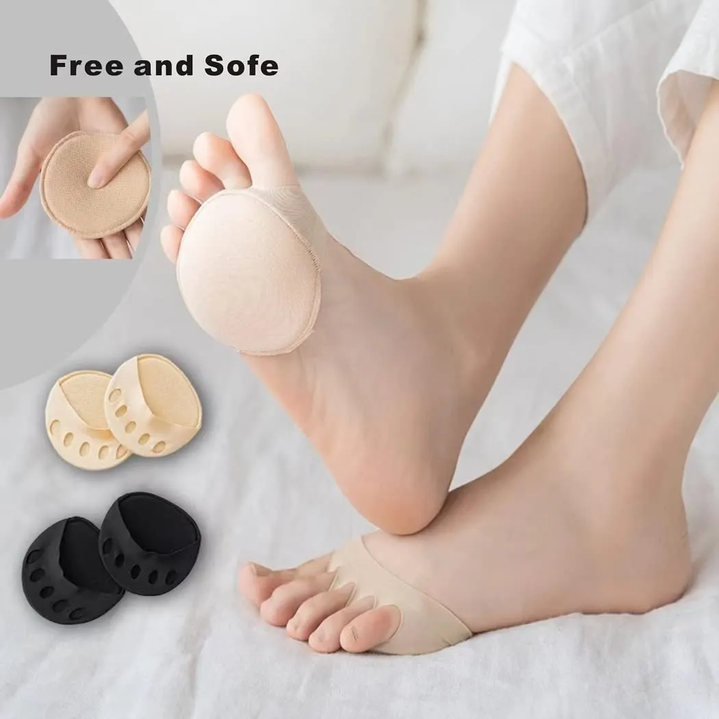 2 Pairs Women Forefoot Pads, Fabric Breathable Sweat Absorb High Heel Forefoot Cushion Pads, Reusable Relief Foot Fatigue Pain Foot Pads (Skin Tone and Black)