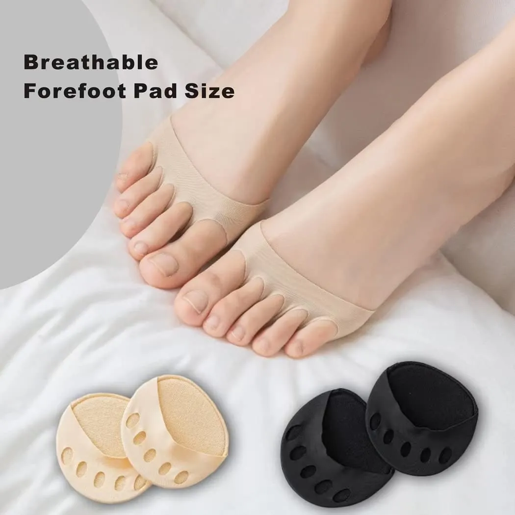 2 Pairs Women Forefoot Pads, Fabric Breathable Sweat Absorb High Heel Forefoot Cushion Pads, Reusable Relief Foot Fatigue Pain Foot Pads (Skin Tone and Black)