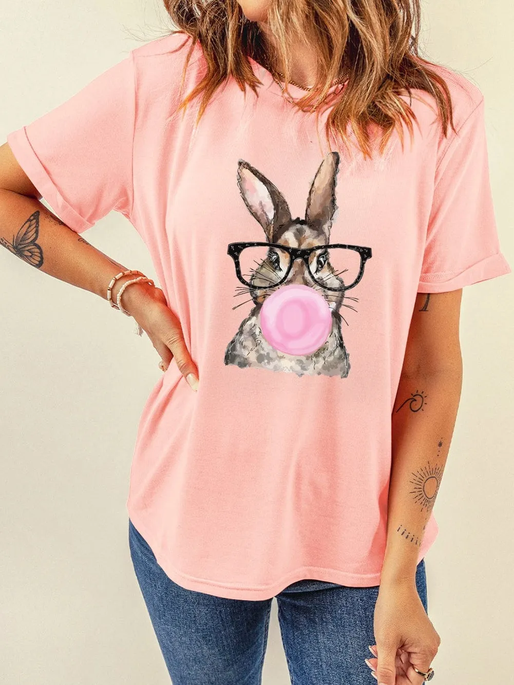 Adorable Pink Bunny Glasses Print Casual Tee