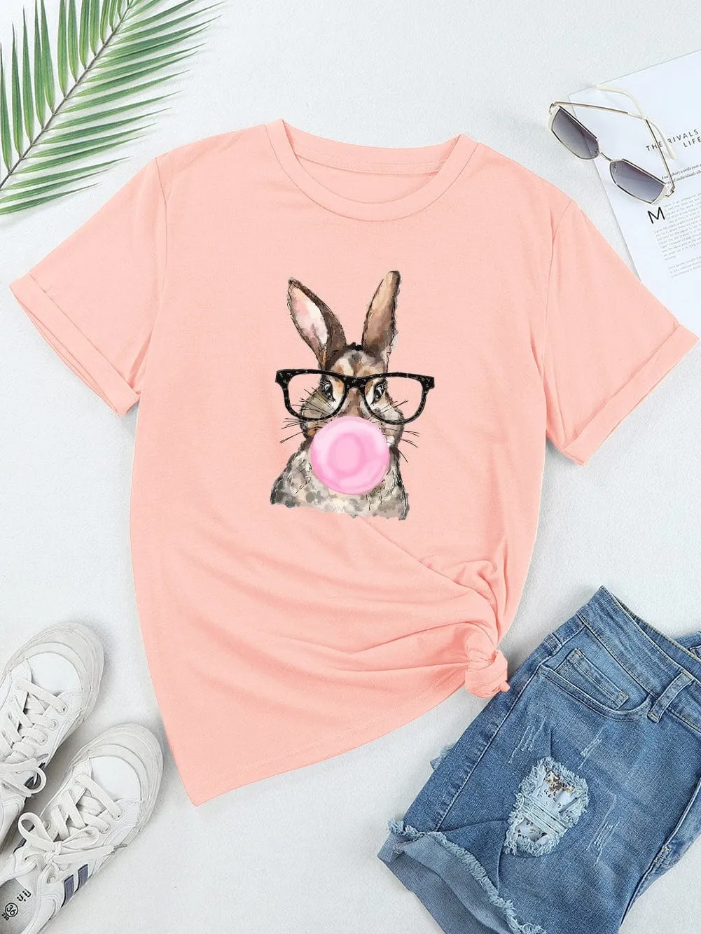 Adorable Pink Bunny Glasses Print Casual Tee