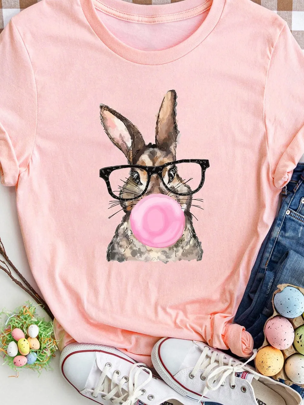 Adorable Pink Bunny Glasses Print Casual Tee