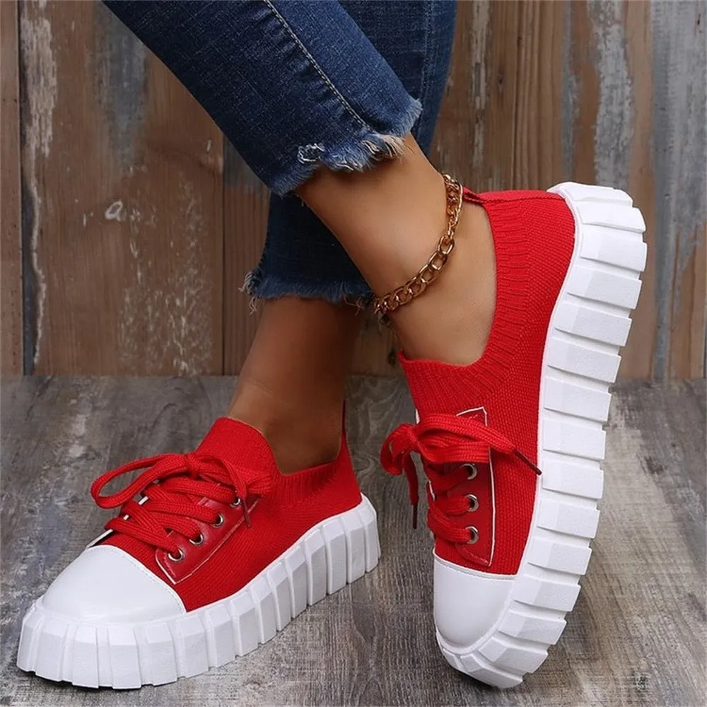 Amozae  Women's Stylish Sneakers Spring New Stretch Fabric Ladies Lace Up Casual Shoes 36-43 Large-Sized Female Comfy Flats