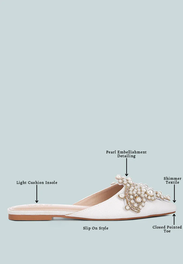 ASTRE Pearl Embellished Shimmer Mules In White