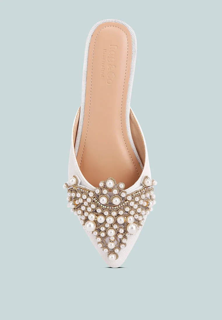 ASTRE Pearl Embellished Shimmer Mules In White