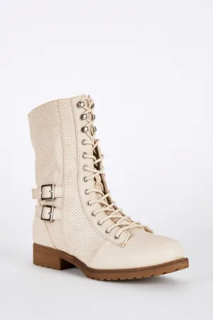 Beige Lace Up Mid Calf Combat Boots