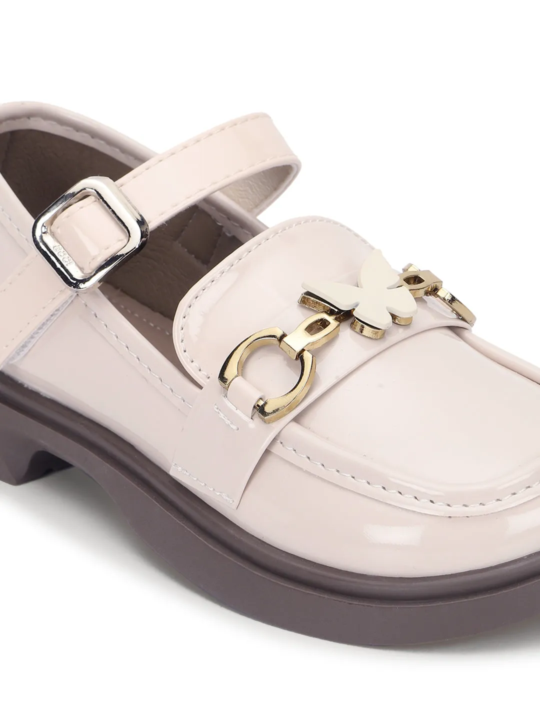 Beige Patent Stylish Velcro Loafers For Kids-Girls (TC-RS3636-BEIG)