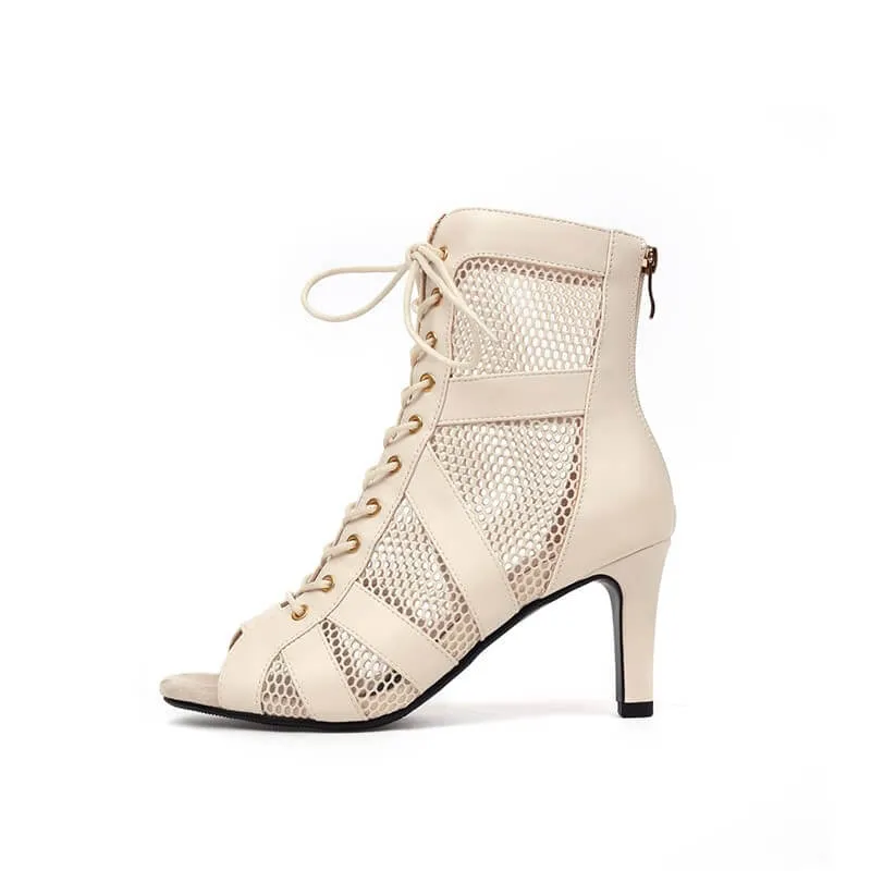 Beige Peep Toe Lace-up Mesh Stiletto Heels Boots