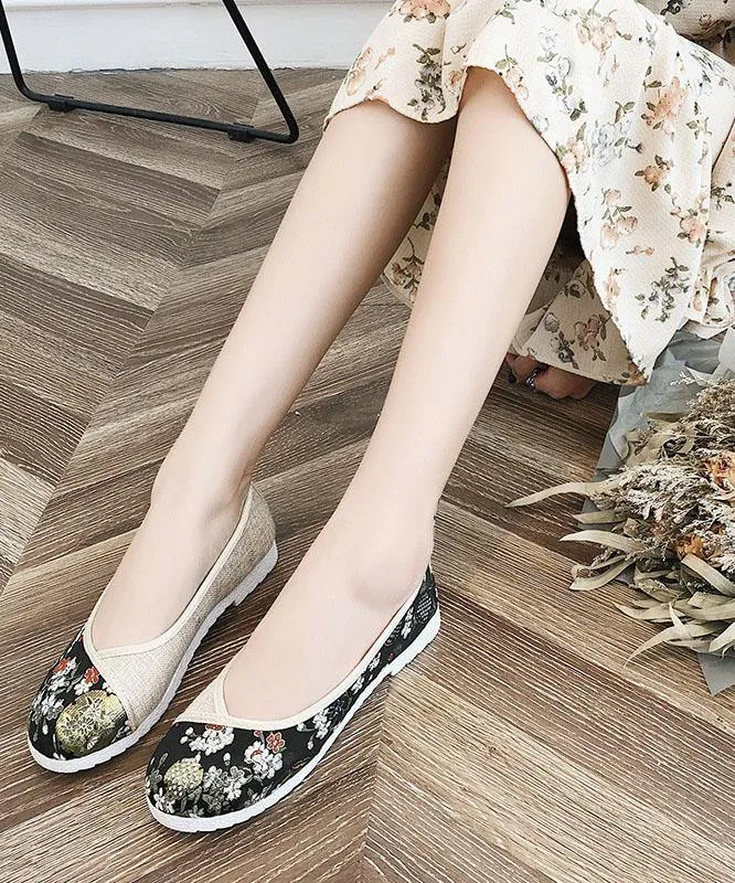 Black Print Linen Fabric Stylish Splicing Flats