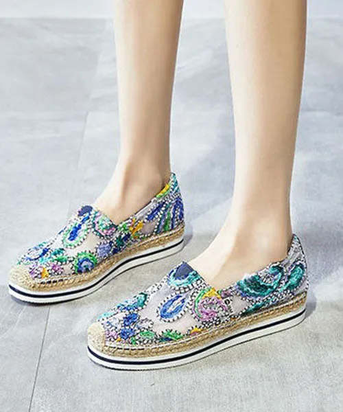 Blue Breathable Mesh Stylish Splicing Embroidery Flat Shoes LY4361