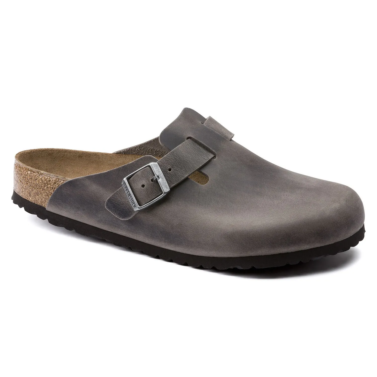 Boston Buckle Soft Footbed Mule in Iron Oiled Leather