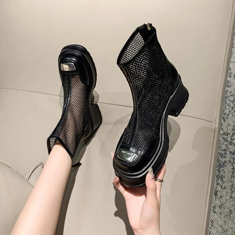 Breathable Chunky Heel Zipper Sandals