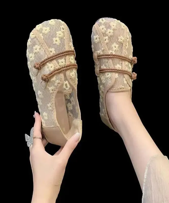 Breathable Mesh Khaki Flat Shoes Embroidery Splicing ML1085