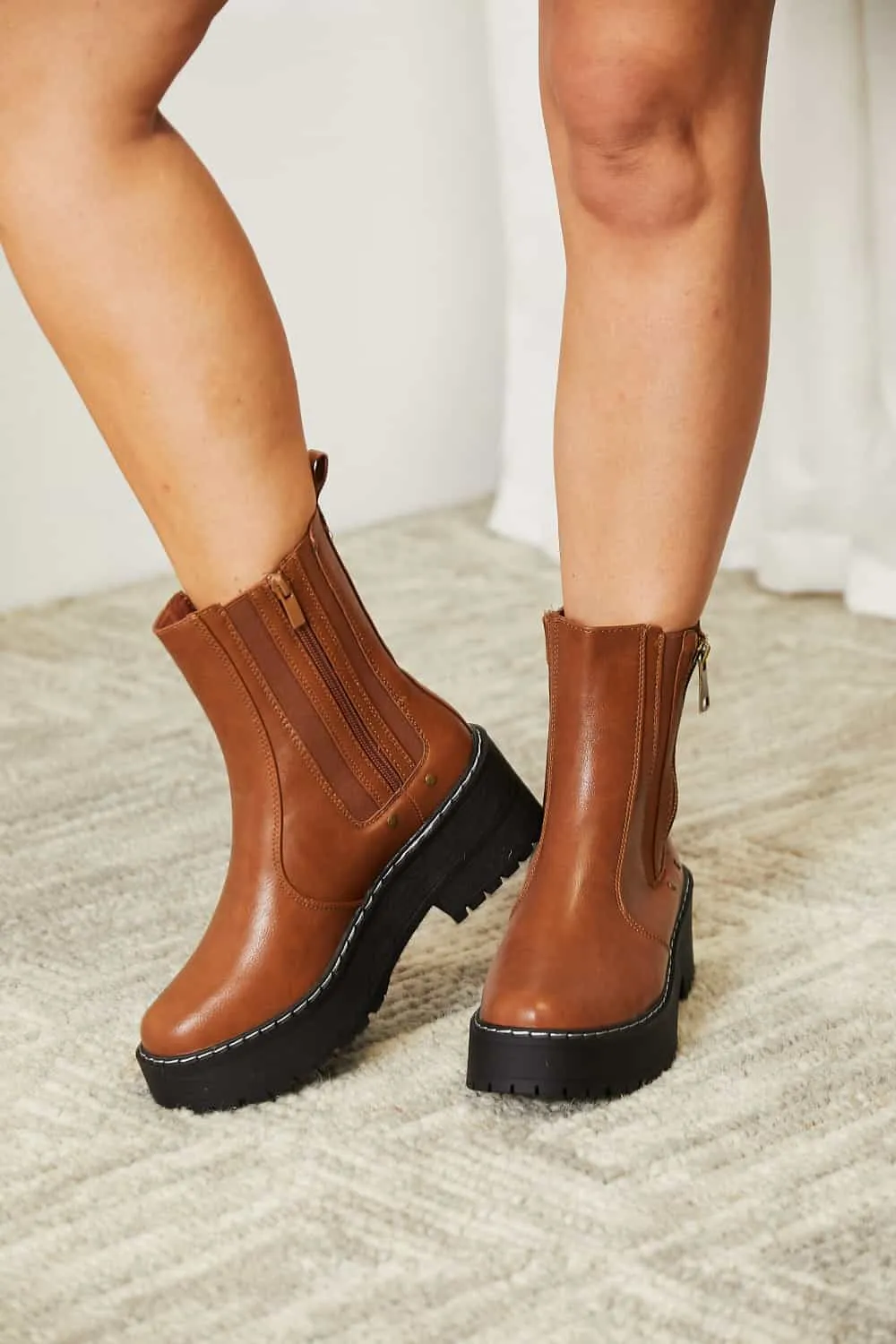 Chestnut Brown Side Zip Platform Boots