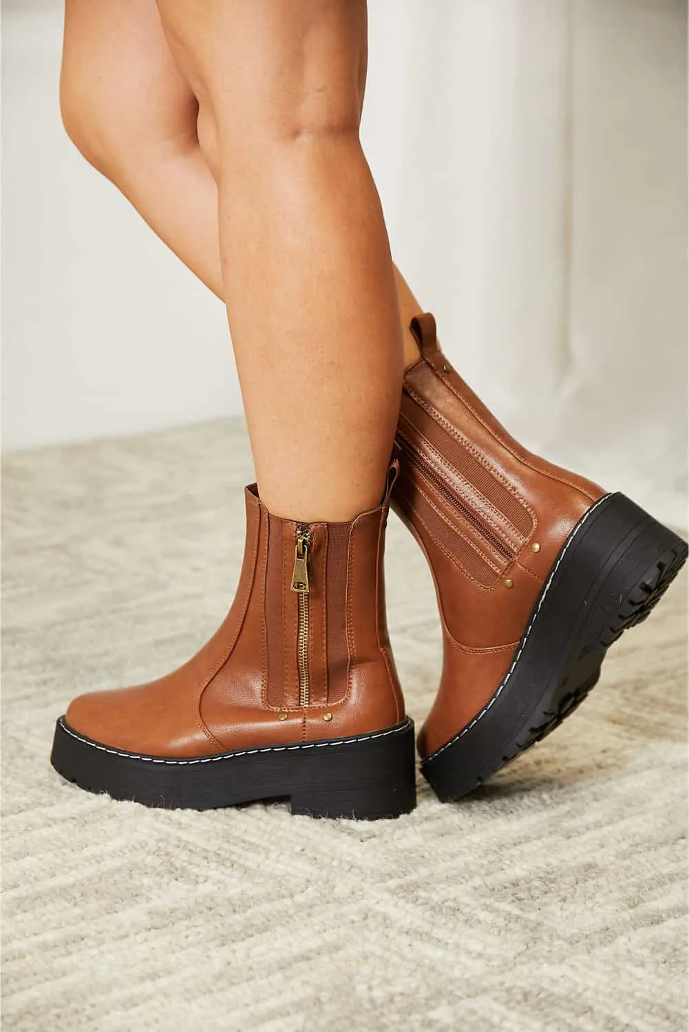 Chestnut Brown Side Zip Platform Boots