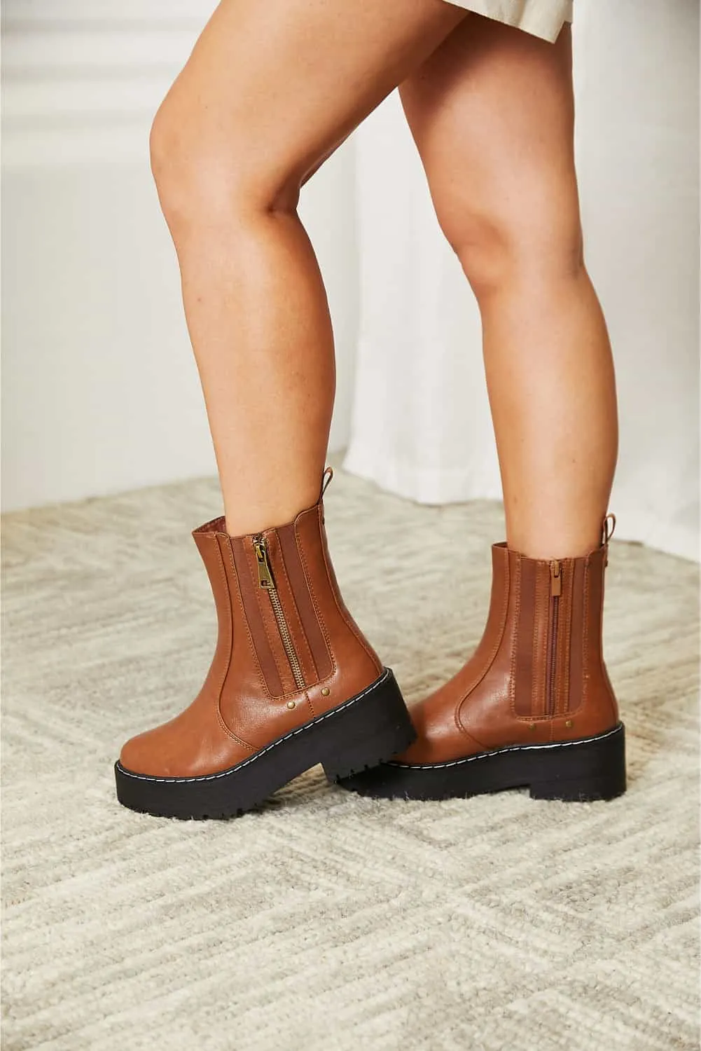 Chestnut Brown Side Zip Platform Boots