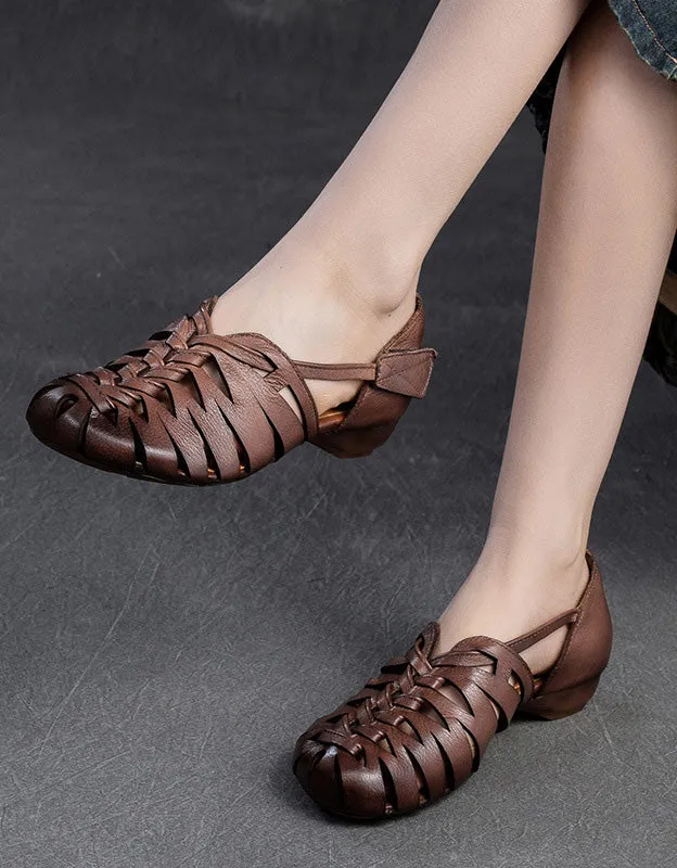 Close Toe Breathable Leather Braids Retro Flat Sandals