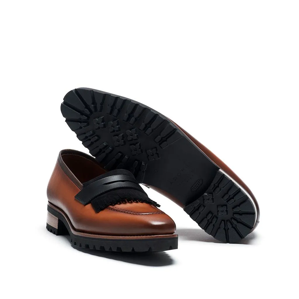 Cognac Calf & Suede Black Fringe Penny Loafer