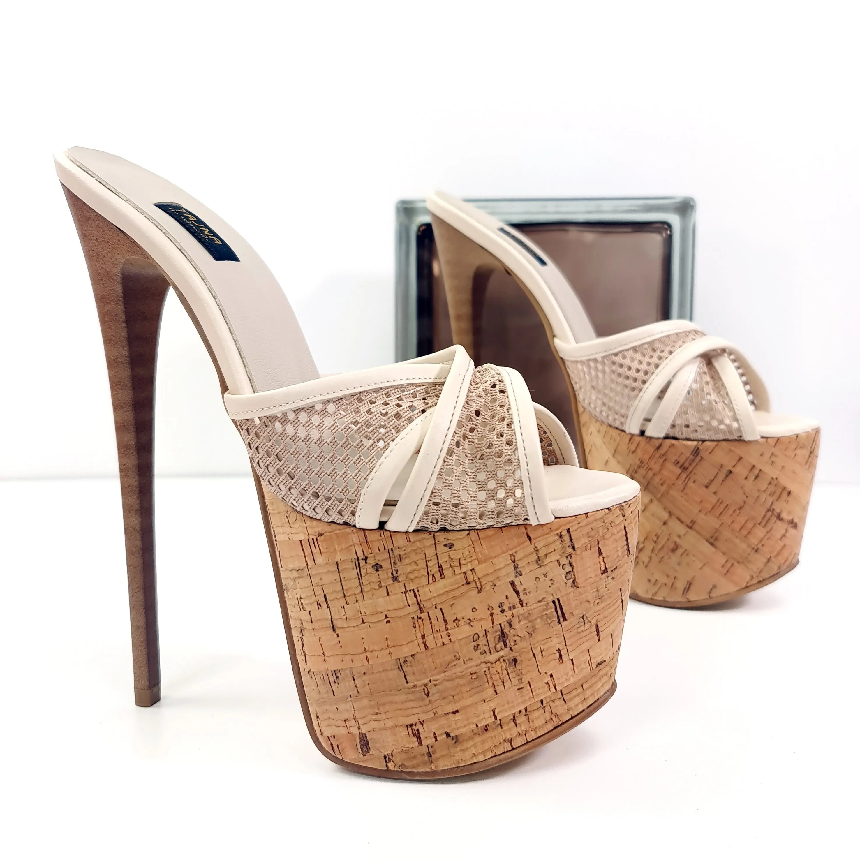 Cream Cork Detail Fishnet High Heel Mules