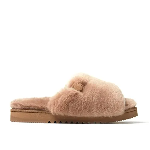 Dearfoams Women's Fireside Cairns Shearling Easy on/Off Slide Sandal Slipper, Driftwood, 7 W US