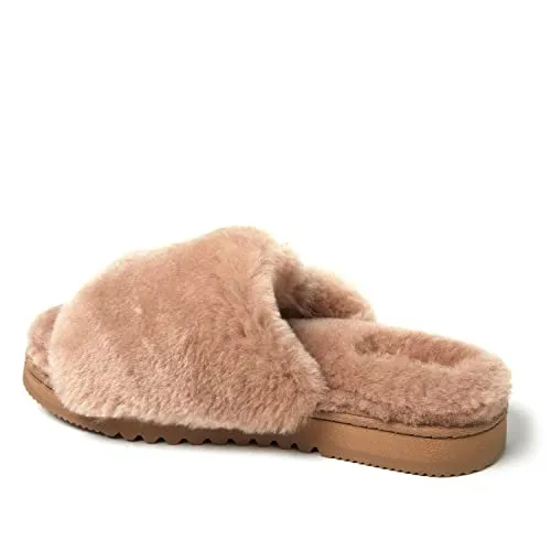 Dearfoams Women's Fireside Cairns Shearling Easy on/Off Slide Sandal Slipper, Driftwood, 7 W US