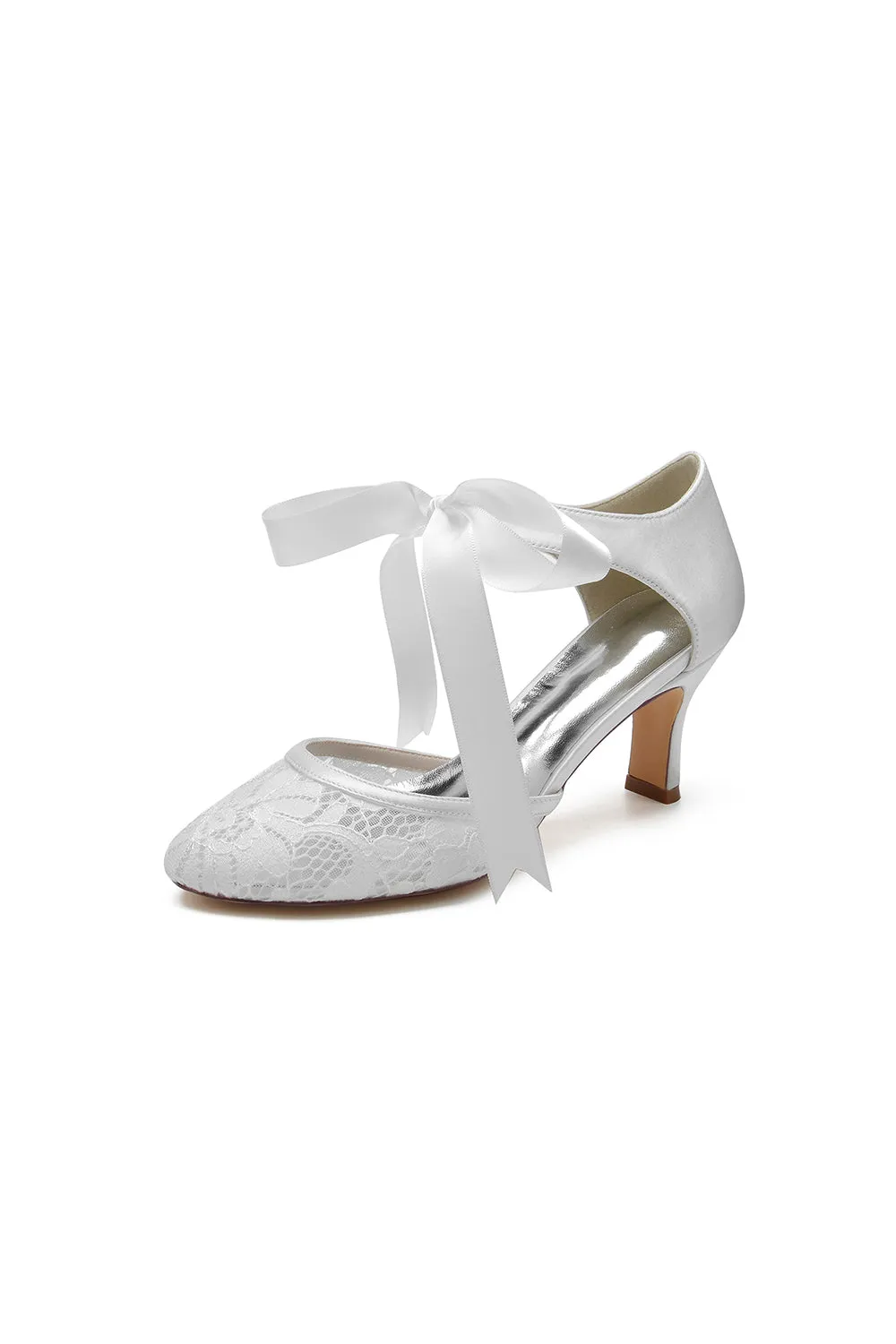 Elegant White Lace High Heels with Bow Accent