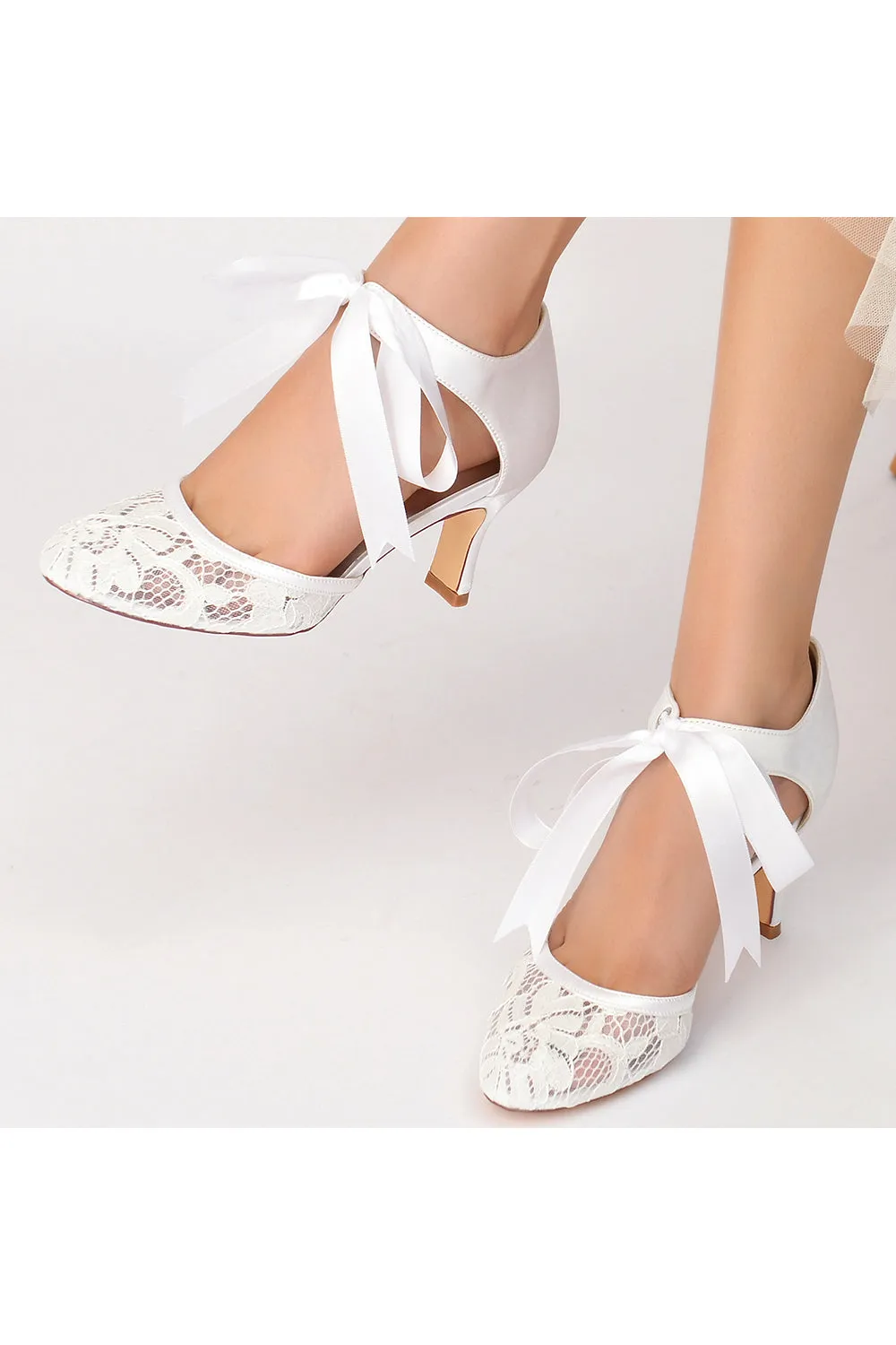 Elegant White Lace High Heels with Bow Accent