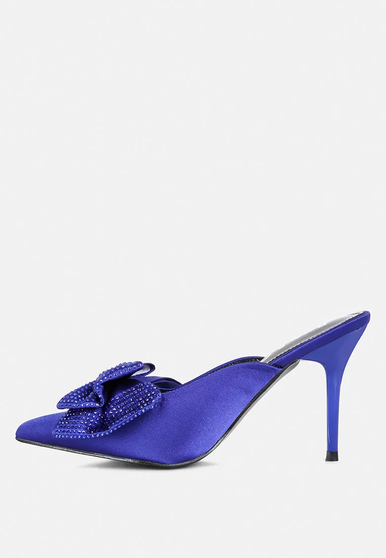 Elisda Blue Diamante Bow Heeled Mules