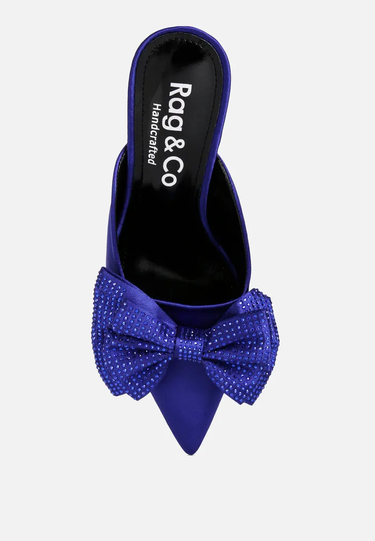 Elisda Blue Diamante Bow Heeled Mules