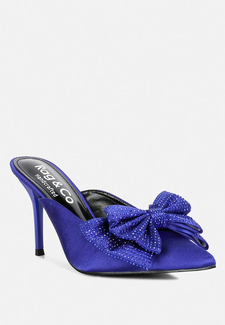 Elisda Blue Diamante Bow Heeled Mules