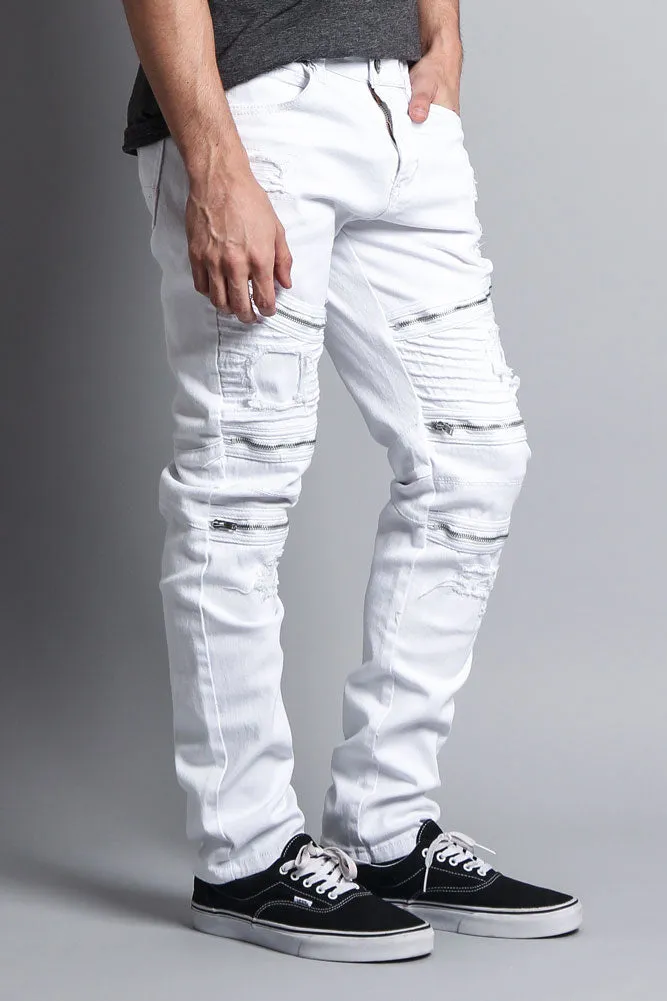 Faded Distressed Zipper Biker Jeans