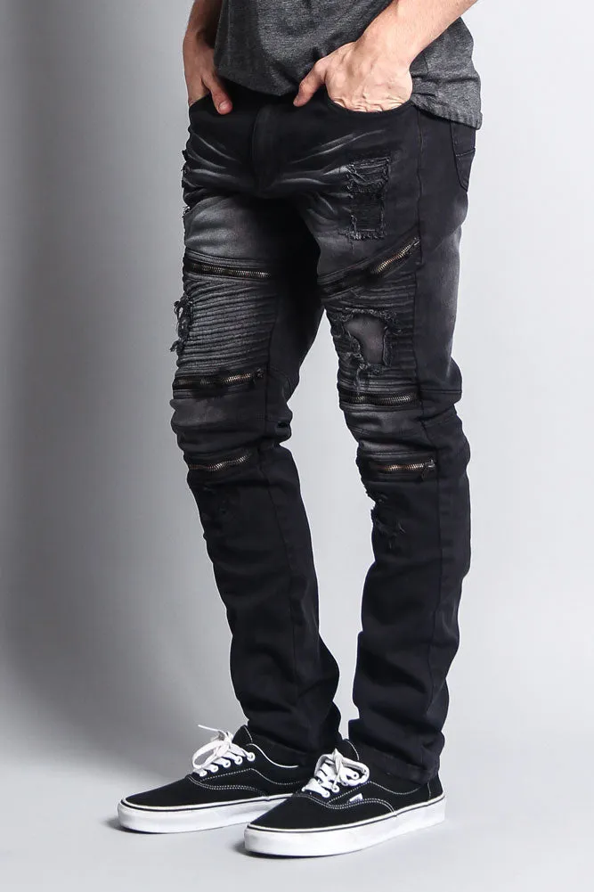 Faded Distressed Zipper Biker Jeans