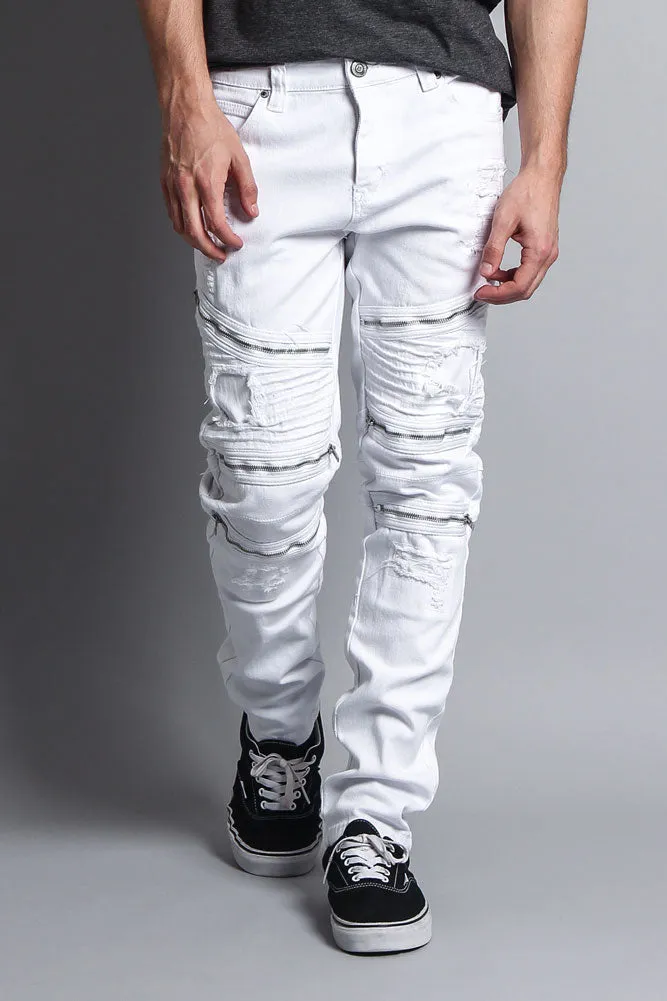 Faded Distressed Zipper Biker Jeans