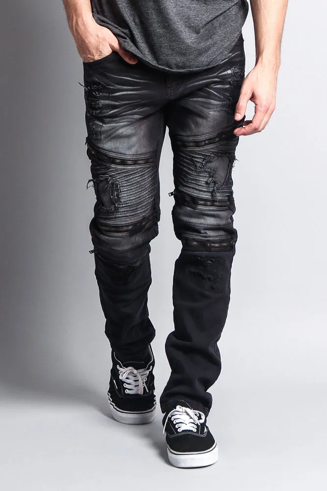 Faded Distressed Zipper Biker Jeans