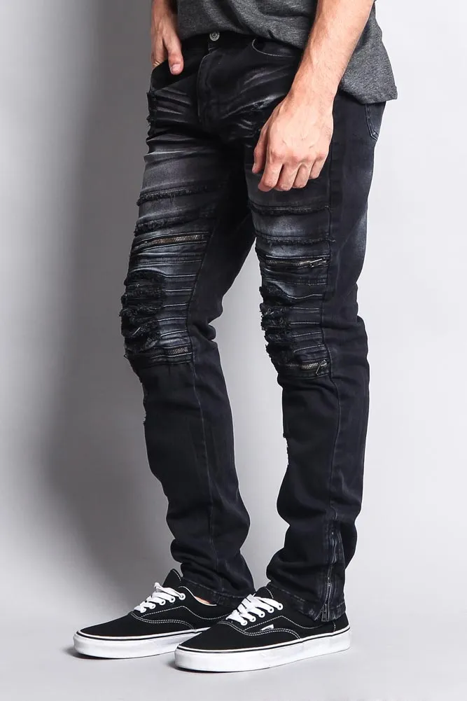 Faded Zipper Cut Distressed Knee Biker Denim Jeans