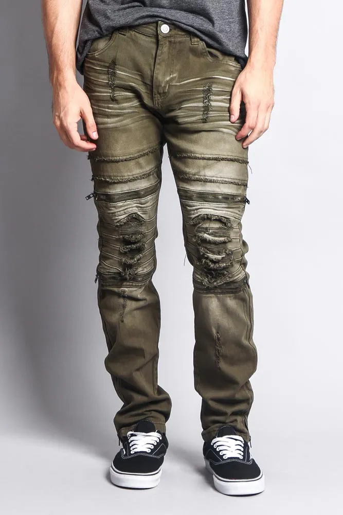 Faded Zipper Cut Distressed Knee Biker Denim Jeans