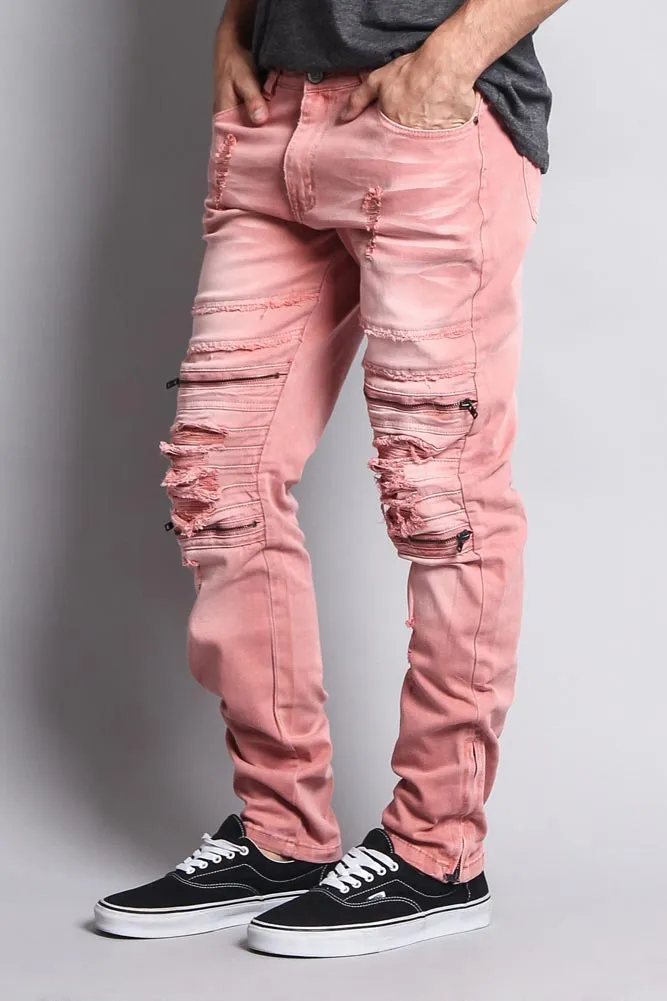 Faded Zipper Cut Distressed Knee Biker Denim Jeans