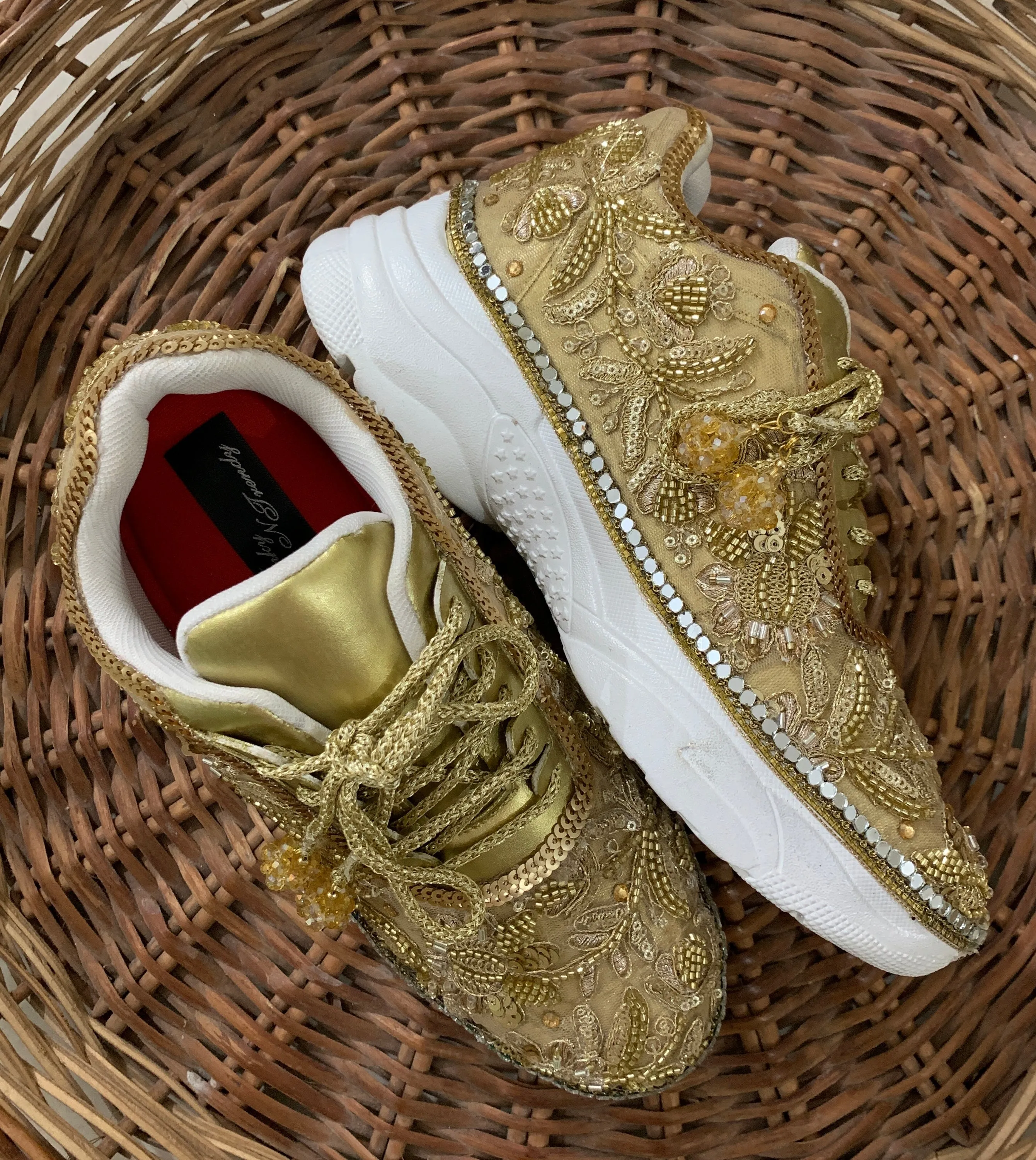 Funky N Trendy hand crafted golden bridal sneakers bridesmaid sneakers/ gold sneakers / golden sneakers / mirror sneakers/hand embroidered sneakers