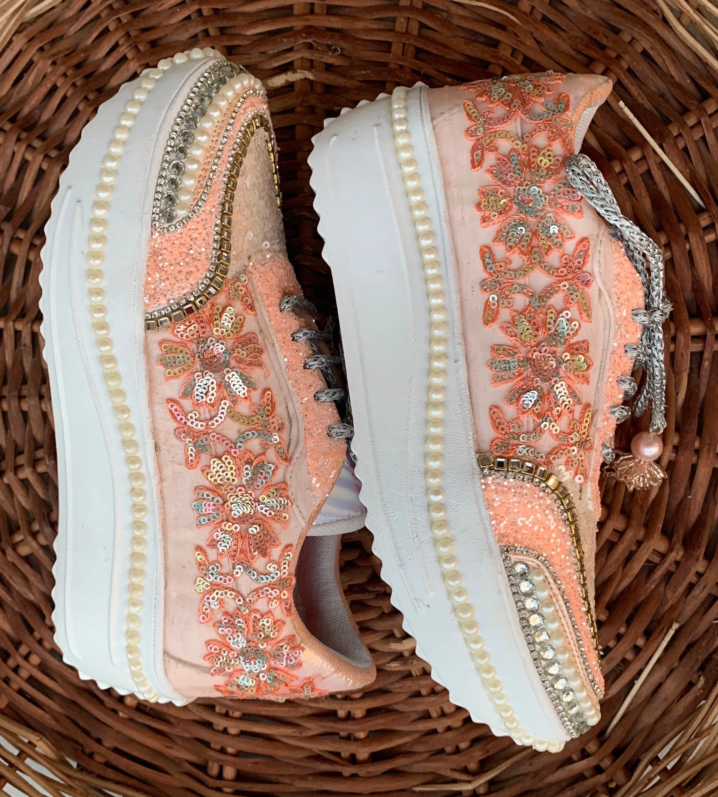 Funky N Trendy hand crafted peach bridal sneakers/ bridesmaid sneaker / peach sneakers/ peach floral theme sneakers / peach shoes/ bridal shoes