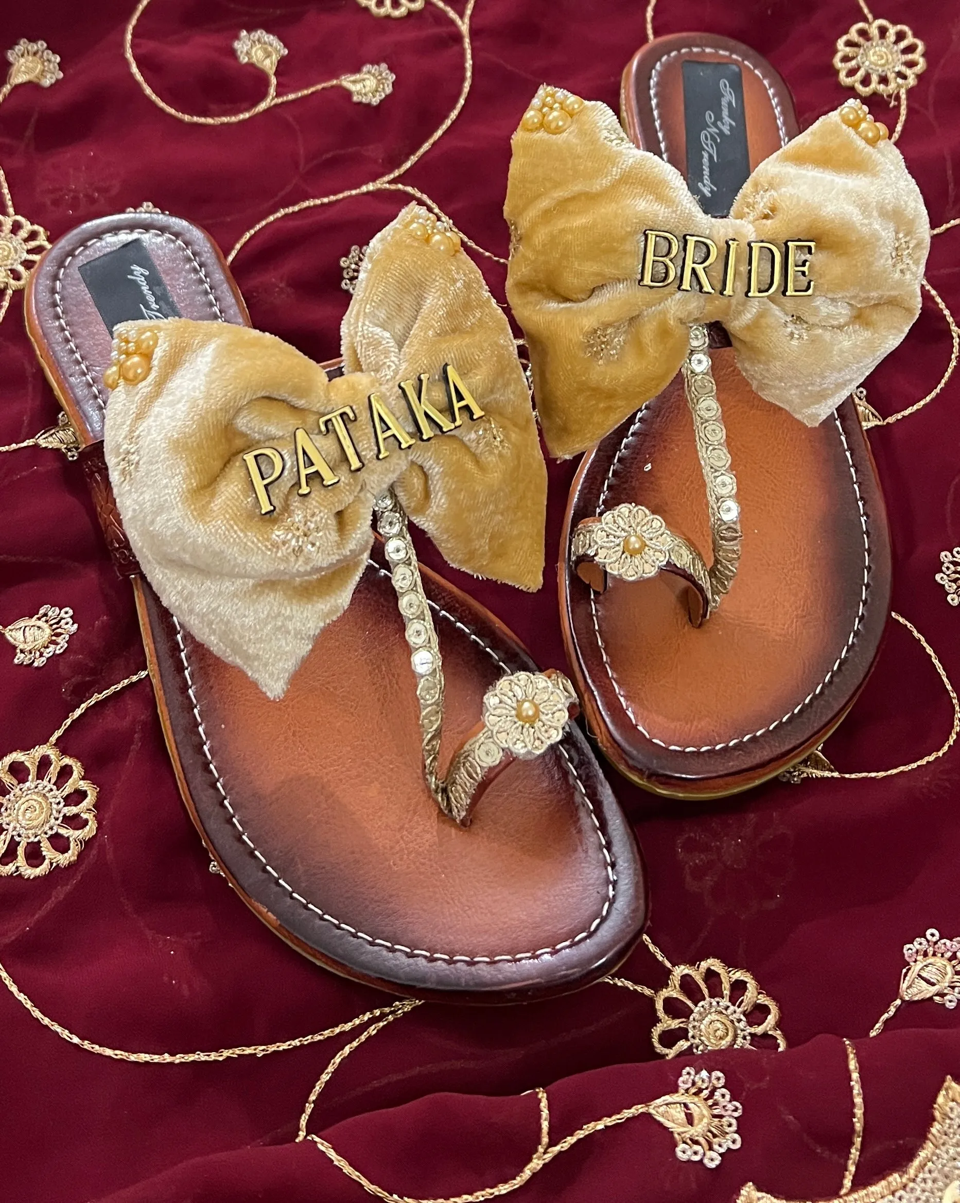 FUNKY N TRENDY hand crafted wedding theme kolhapuri for bride / handcrafted flats / quirky flats/pataka dulhan kolhpauri / pataka dulhan flats / golden flats / haldi theme kolhapuris/bow kolhapuris