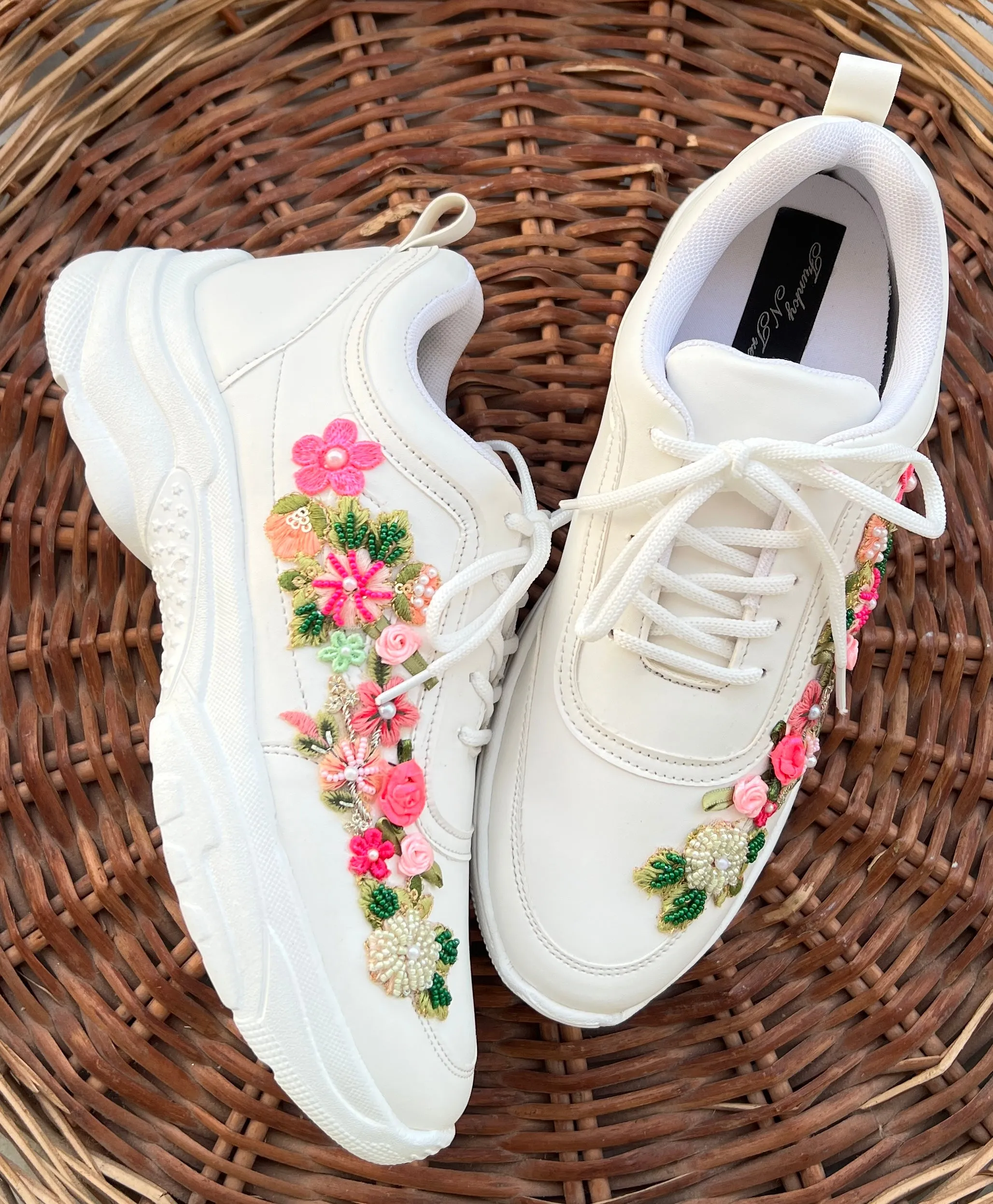 FUNKY N TRENDY hand embroidered floral work sneakers/ white sneakers /bridal shoes / bridal sneakers / minimal sneakers/ bridesmaid sneakers