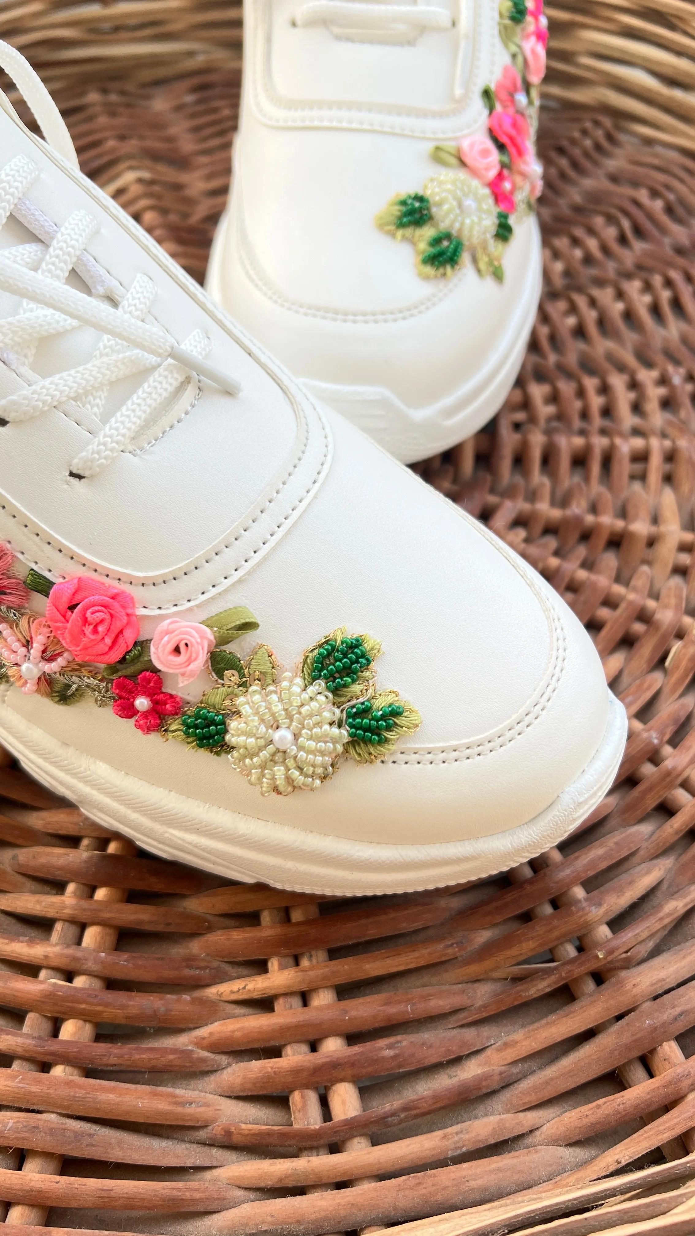 FUNKY N TRENDY hand embroidered floral work sneakers/ white sneakers /bridal shoes / bridal sneakers / minimal sneakers/ bridesmaid sneakers