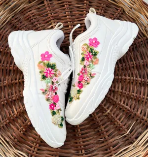 FUNKY N TRENDY hand embroidered floral work sneakers/ white sneakers /bridal shoes / bridal sneakers / minimal sneakers/ bridesmaid sneakers