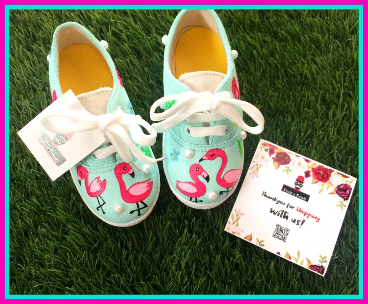 Funky N Trendy hand painted water resistant Flamingo theme mint green and pink casual shoes