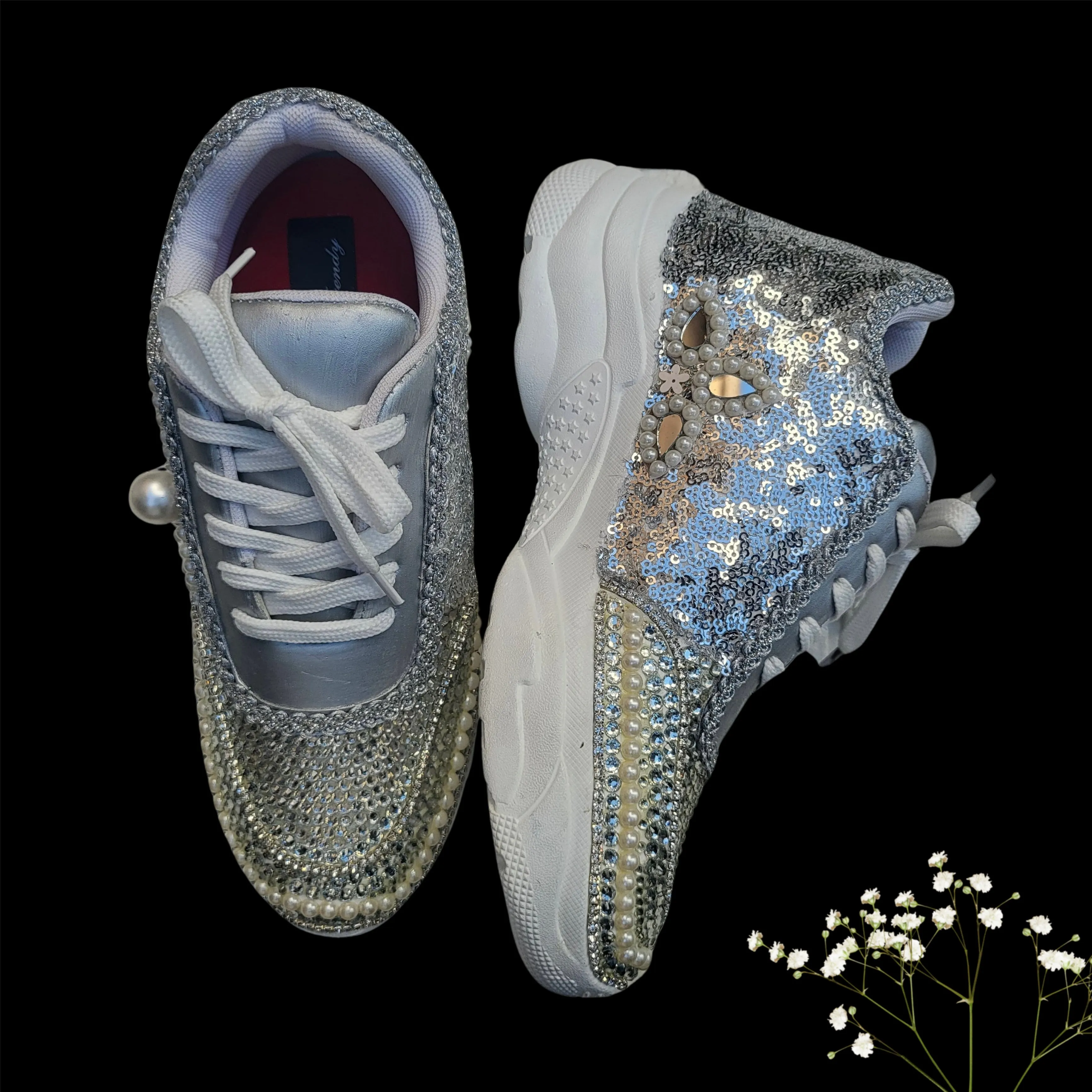 FUNKY N TRENDY hand work silver bridal sneakers / bridesmaid sneakers/ silver sneakers / silver shoes/mirror sneakers/mirror shoes/ bride shoes/ rhinestone work sneakers