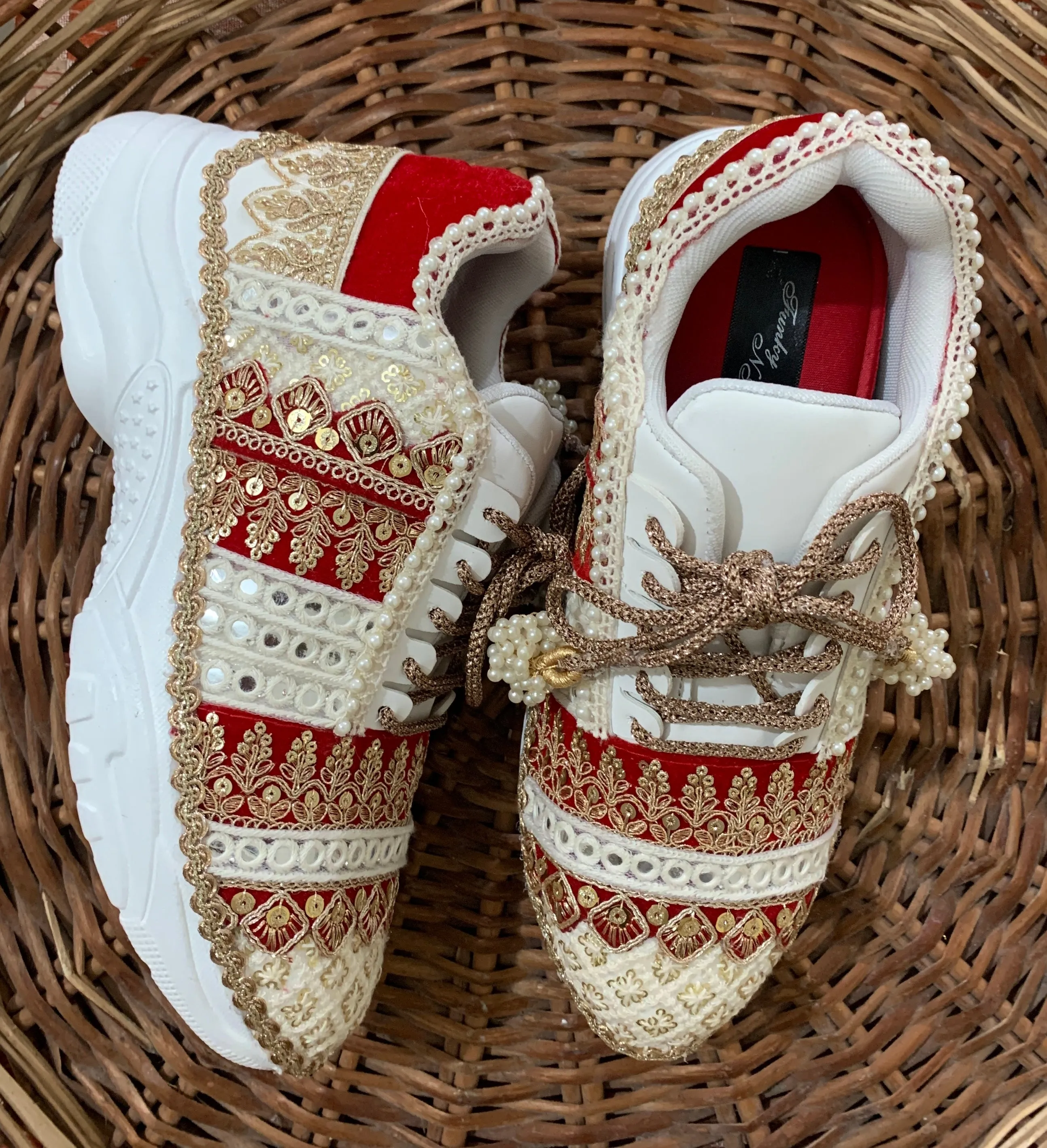 Funky N Trendy ivory and red embroidery work bridal sneakers/ bridesmaid sneaker / golden sneakers