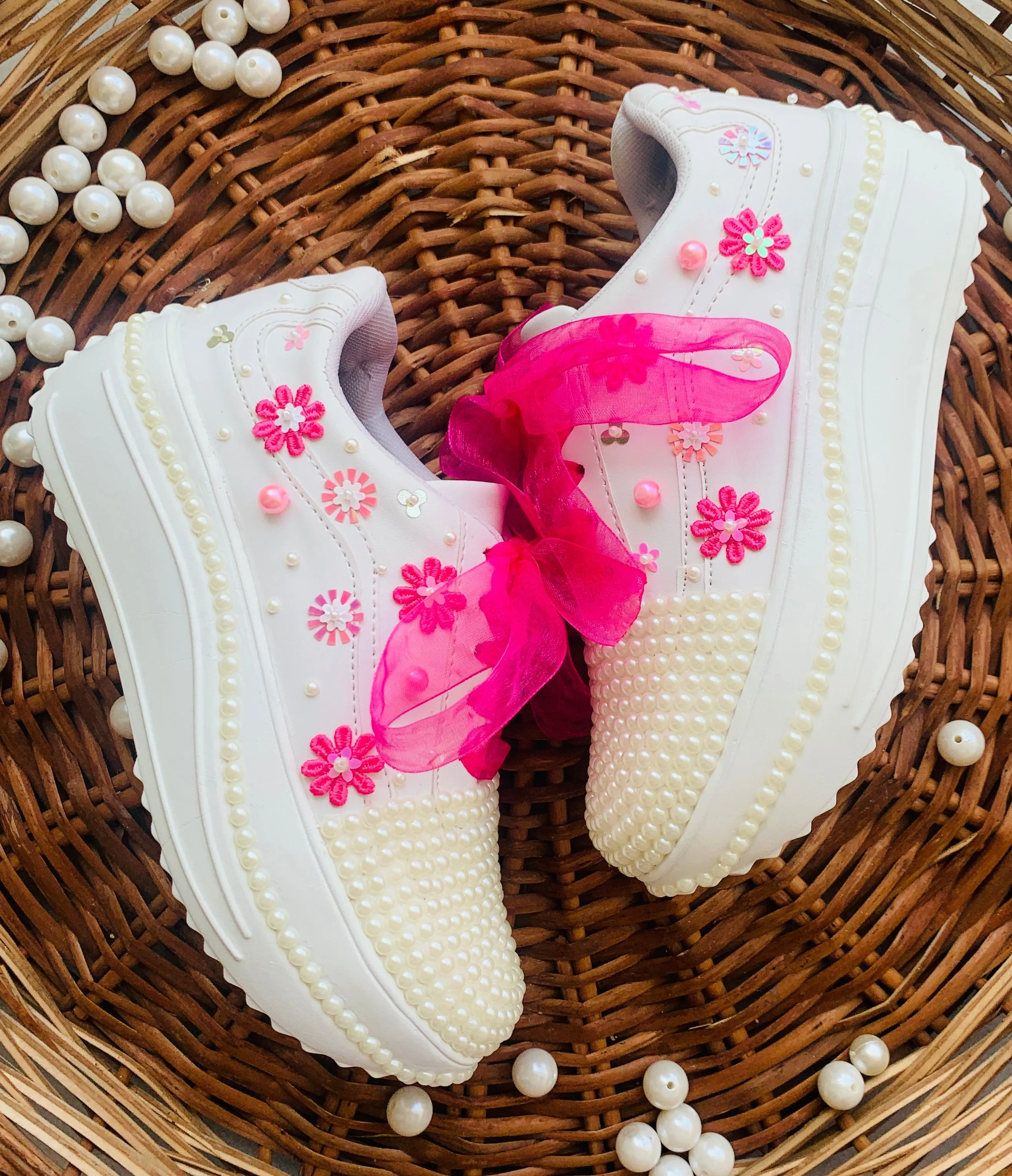 FUNKY N TRENDY pink and white sneakers with pearl & floral detailing for brides /bridesmaids / sneakers for bridesmaids/ handcrafted sneakers/ sequine sneakers / bridal sneakers / bridesmaid sneakers/ pink sneakers