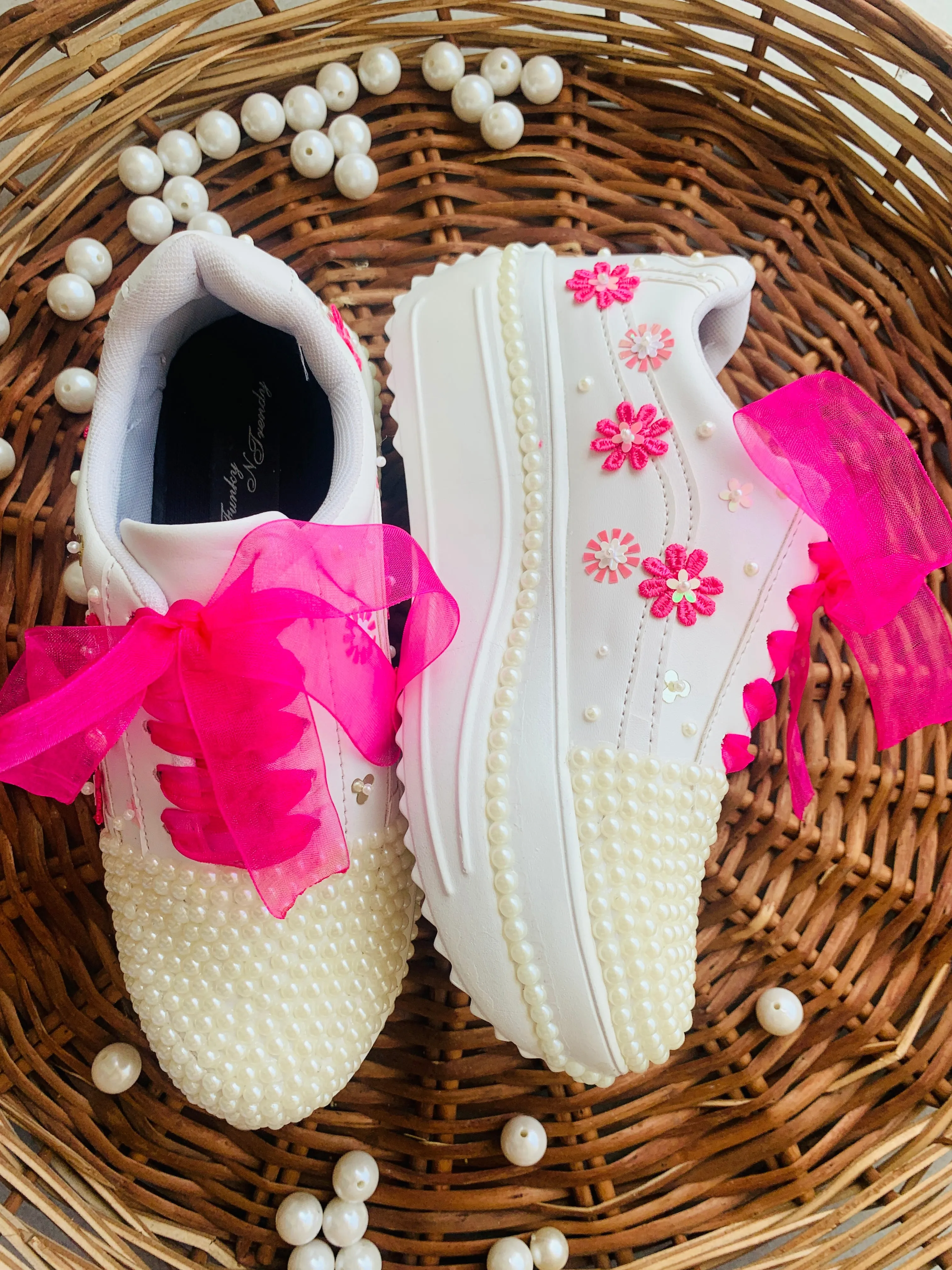 FUNKY N TRENDY pink and white sneakers with pearl & floral detailing for brides /bridesmaids / sneakers for bridesmaids/ handcrafted sneakers/ sequine sneakers / bridal sneakers / bridesmaid sneakers/ pink sneakers