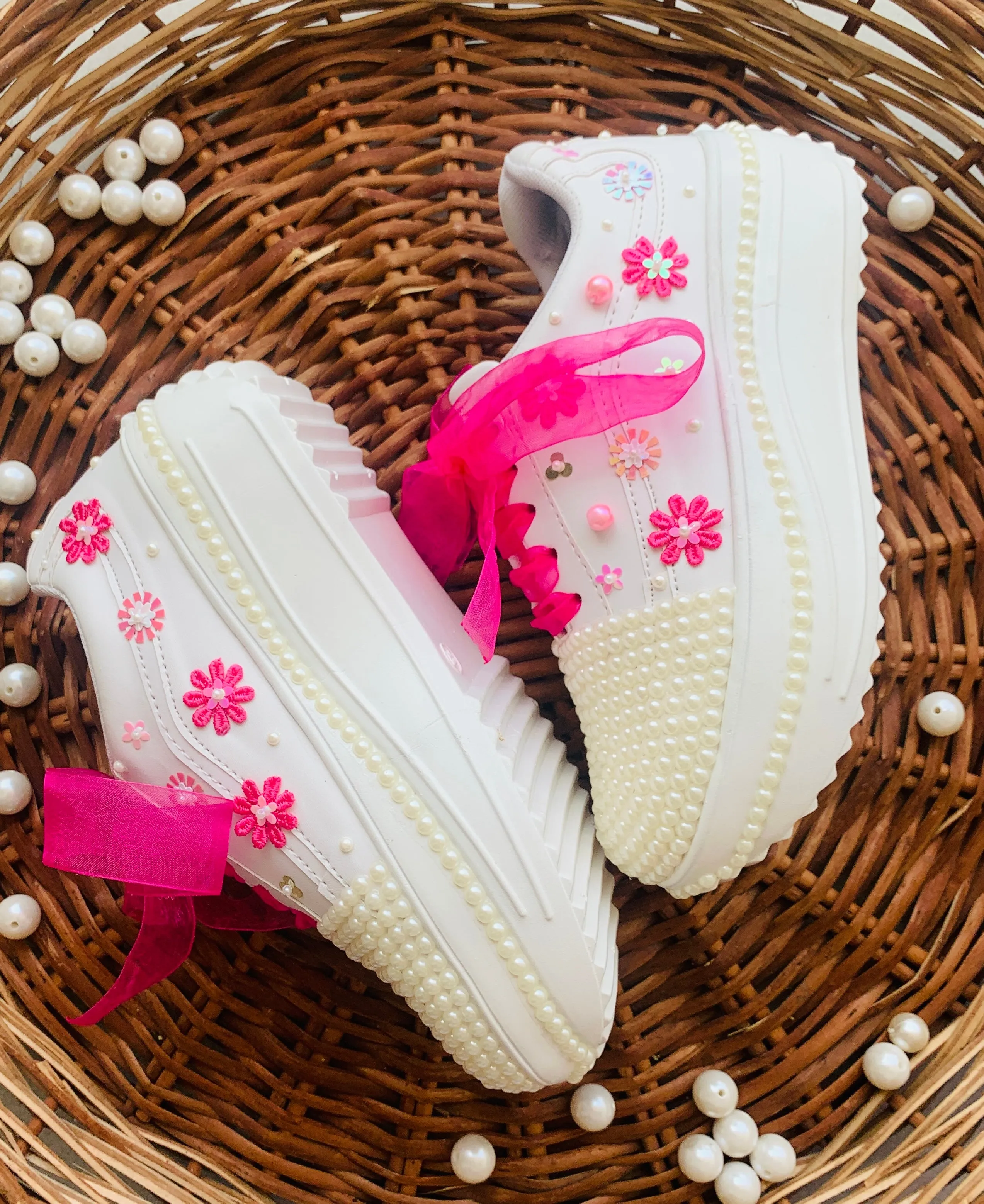 FUNKY N TRENDY pink and white sneakers with pearl & floral detailing for brides /bridesmaids / sneakers for bridesmaids/ handcrafted sneakers/ sequine sneakers / bridal sneakers / bridesmaid sneakers/ pink sneakers