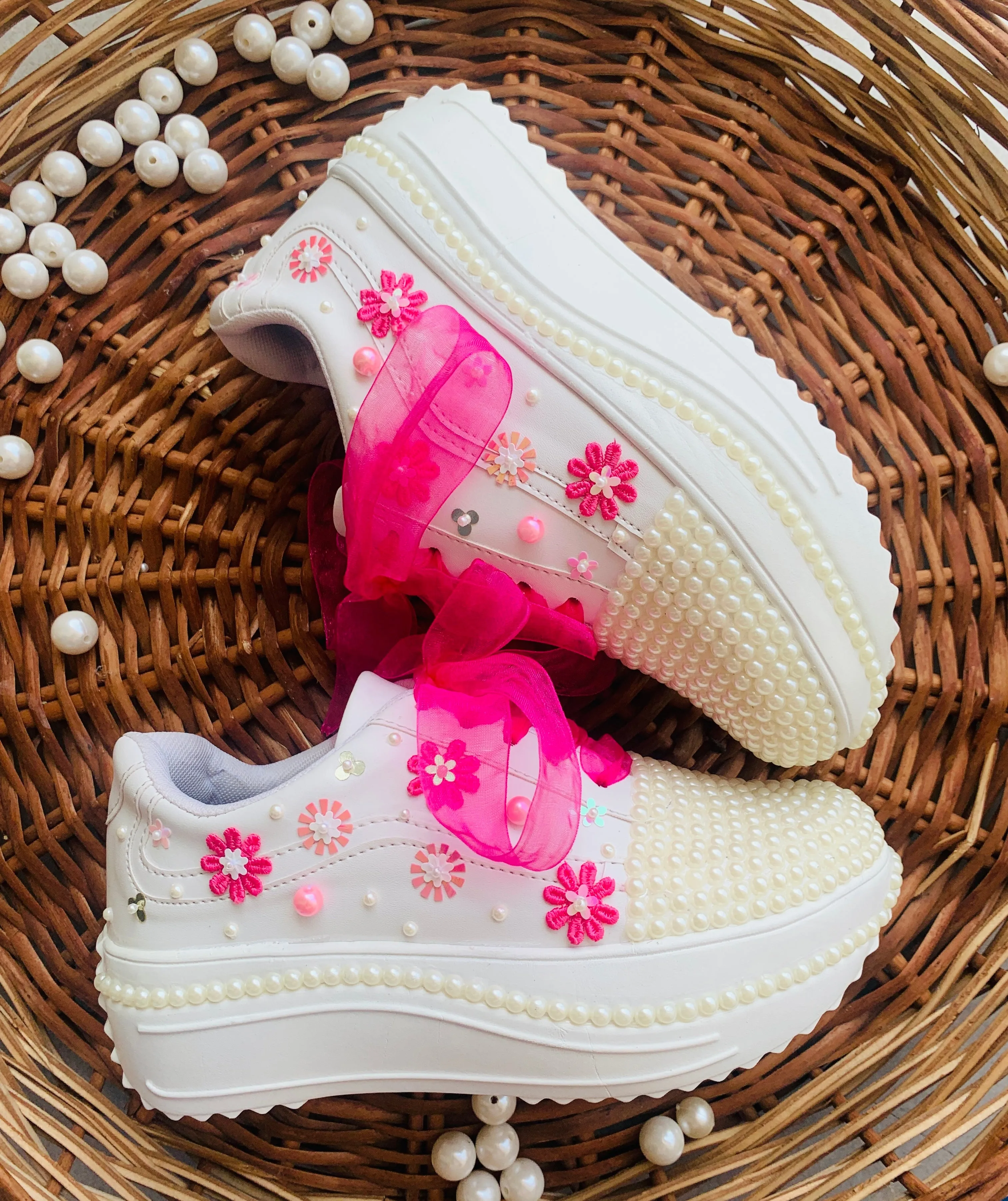 FUNKY N TRENDY pink and white sneakers with pearl & floral detailing for brides /bridesmaids / sneakers for bridesmaids/ handcrafted sneakers/ sequine sneakers / bridal sneakers / bridesmaid sneakers/ pink sneakers