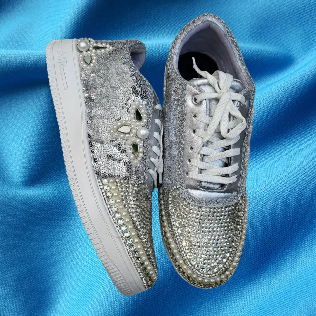 FUNKY N TRENDY silver color sequine work sneakers for brides / bridesmaids/ silver sneakers / silver shoes /silver embroidered shoes